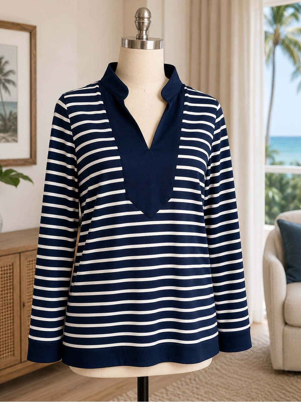 Jude Connally Navy & White Striped Tunic Top – XL – Made in USA